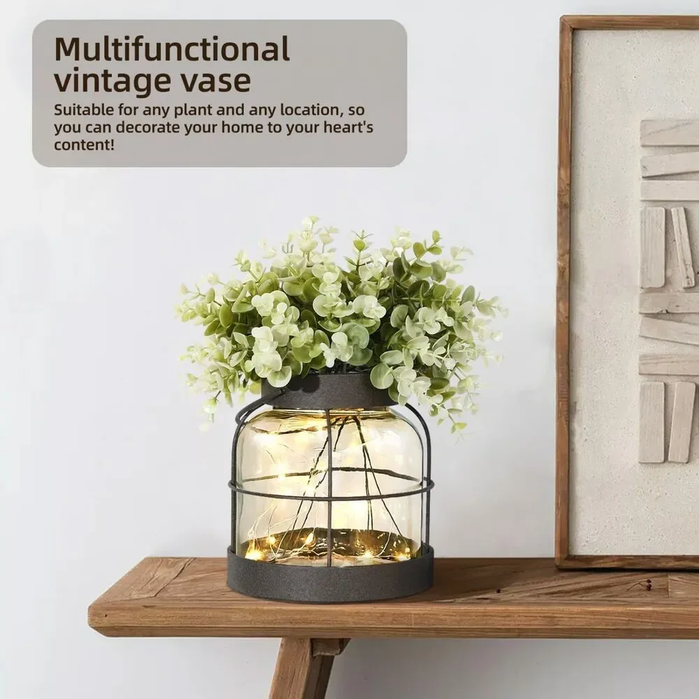 Handmade Rustic Lantern Planter With Artificial Flowers & LED Vintage Glass Vase
